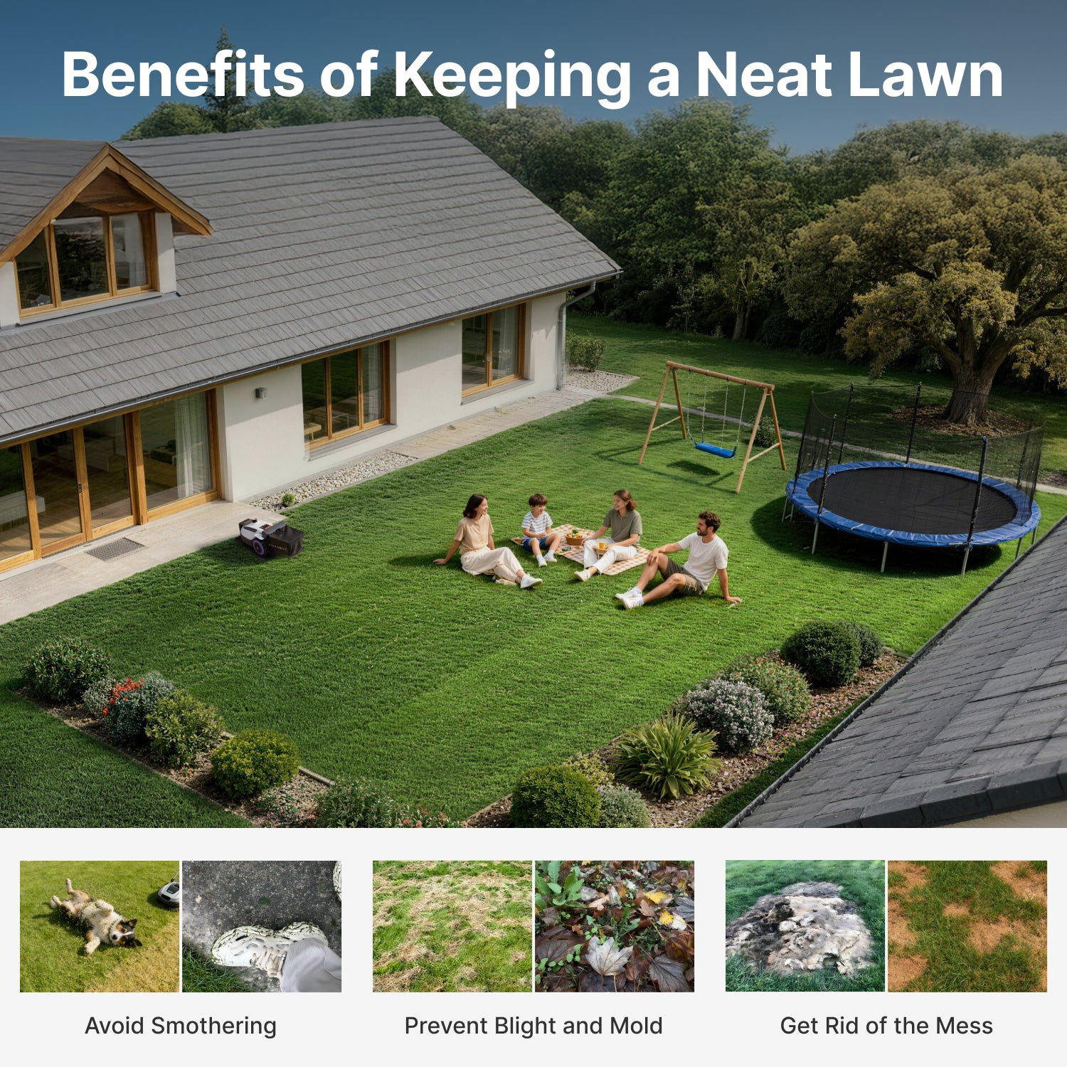 Neat backyard lawn cared for by the ANTHBOT N8 LiDAR robot mower, creating a cleaner and more usable outdoor space,scene