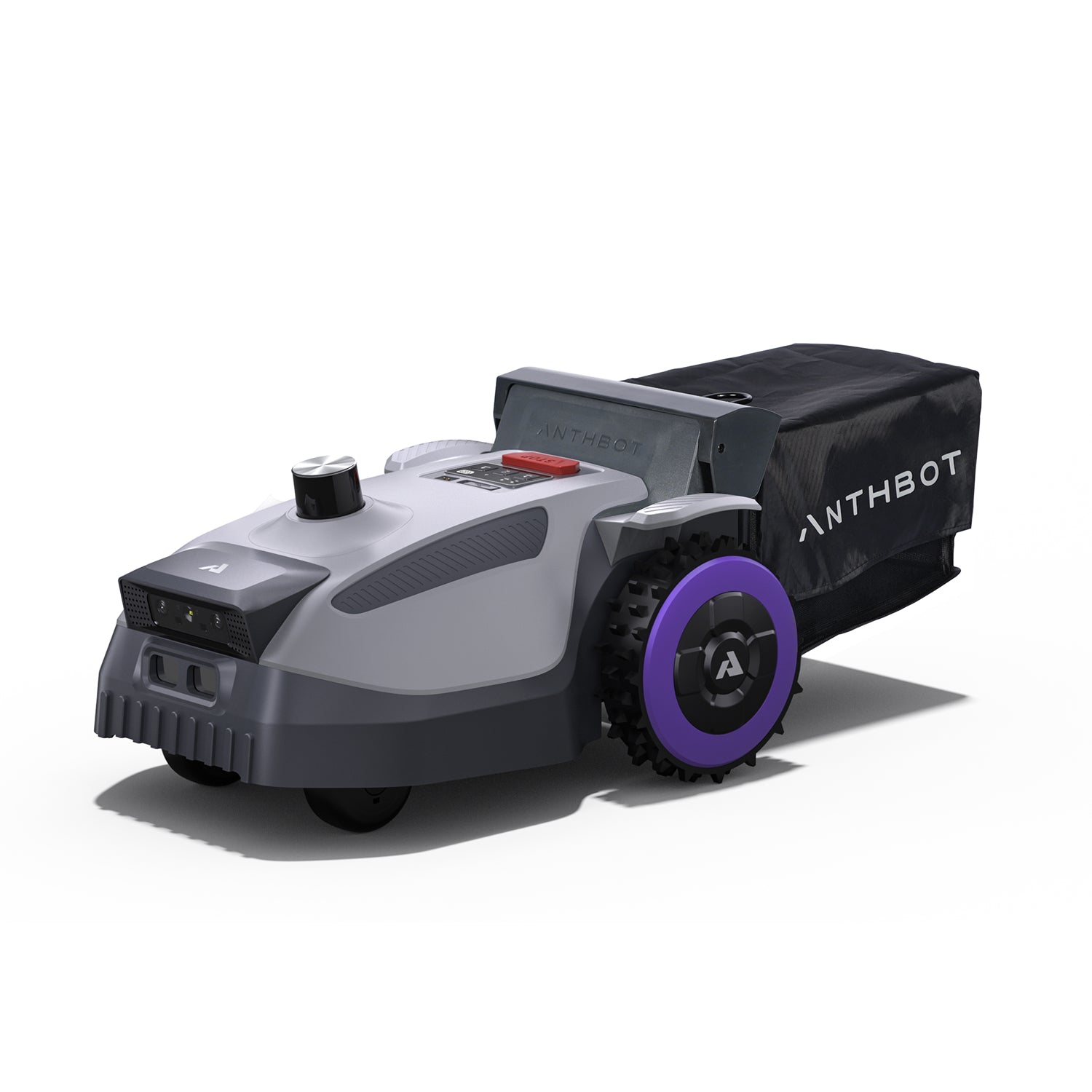 Front angled view of the ANTHBOT ANTHBOT N8 LiDAR robot mower with navigation sensor and large grass bag,products