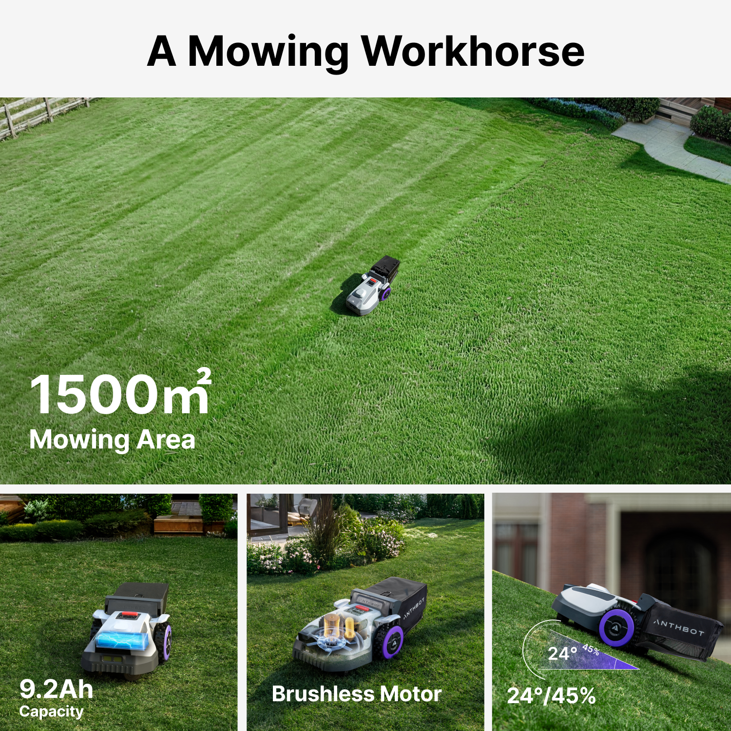 ANTHBOT N8 robot lawn mower workhorse for up to 1500㎡ mowing area, featuring 9.2Ah battery, brushless motor, and 24° slope handling,scene