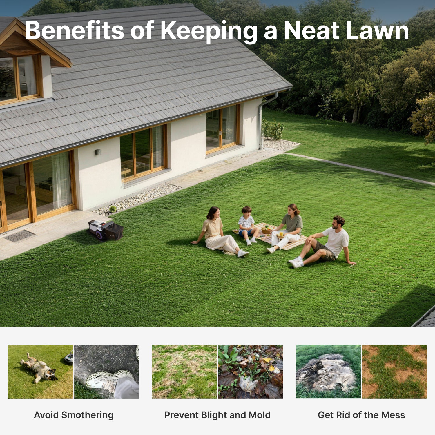 Family relaxing on a neat lawn maintained by the ANTHBOT N8 robot lawn mower,scene
