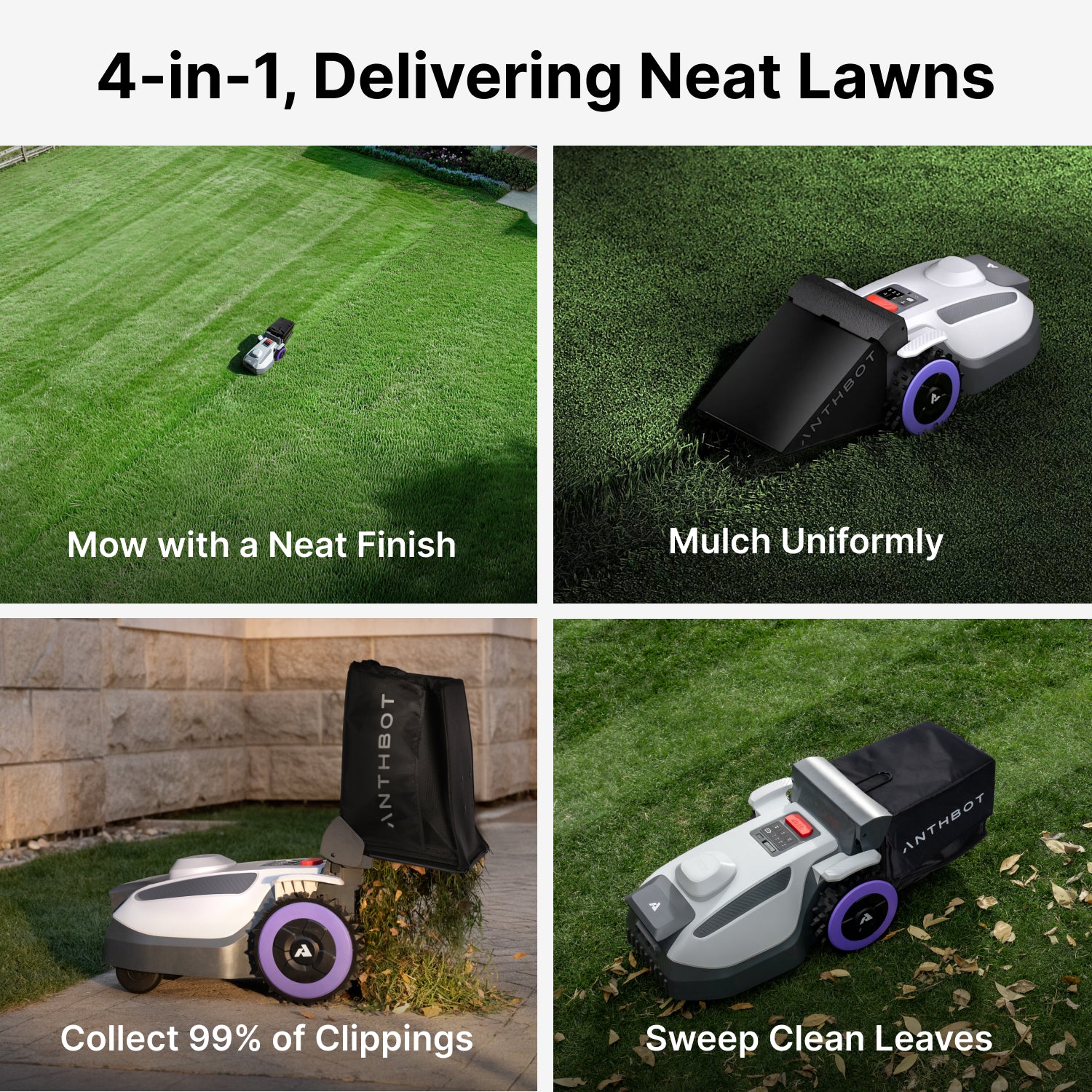 4-in-1 ANTHBOT N8 robot lawn mower for mowing, mulching, collecting clippings, and sweeping leaves,scene