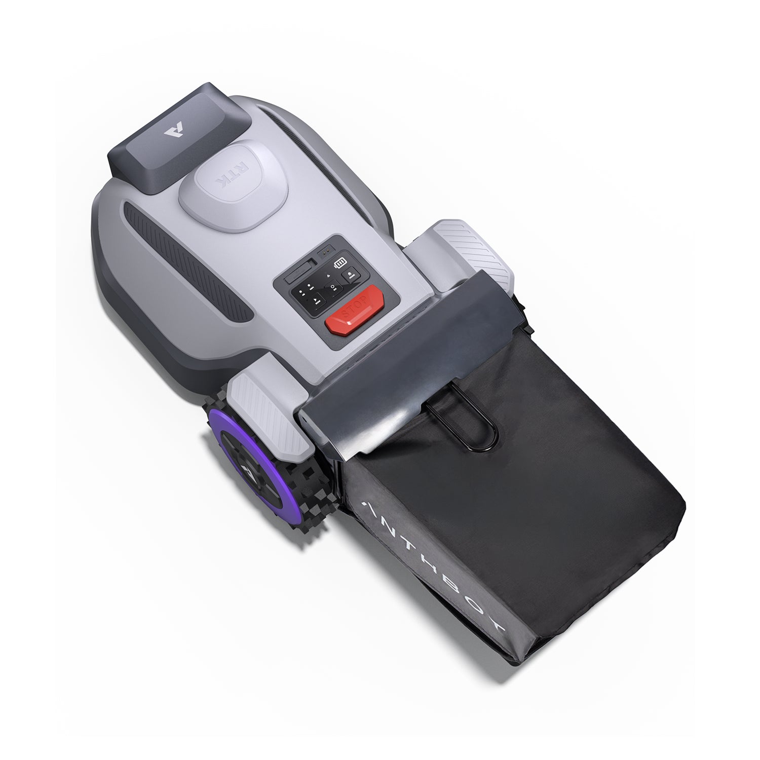 Overhead angled view of the ANTHBOT N8 robot lawn mower with control panel and bag,products