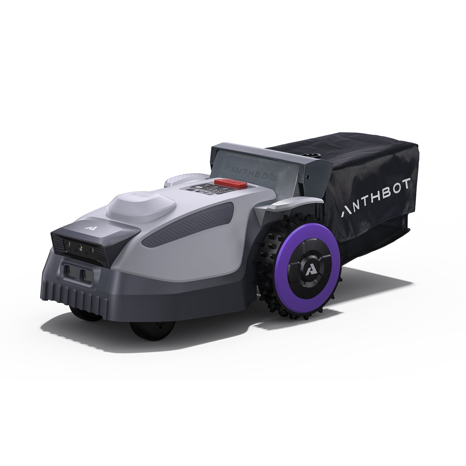 Angled front view of the ANTHBOT N8 robot lawn mower with built-in grass bag,products