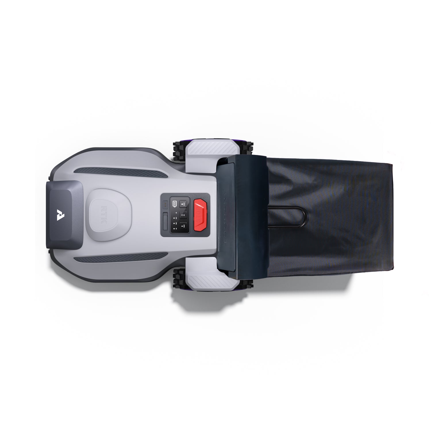 Top view of the ANTHBOT N8 robot lawn mower showing the body and collection bag,products