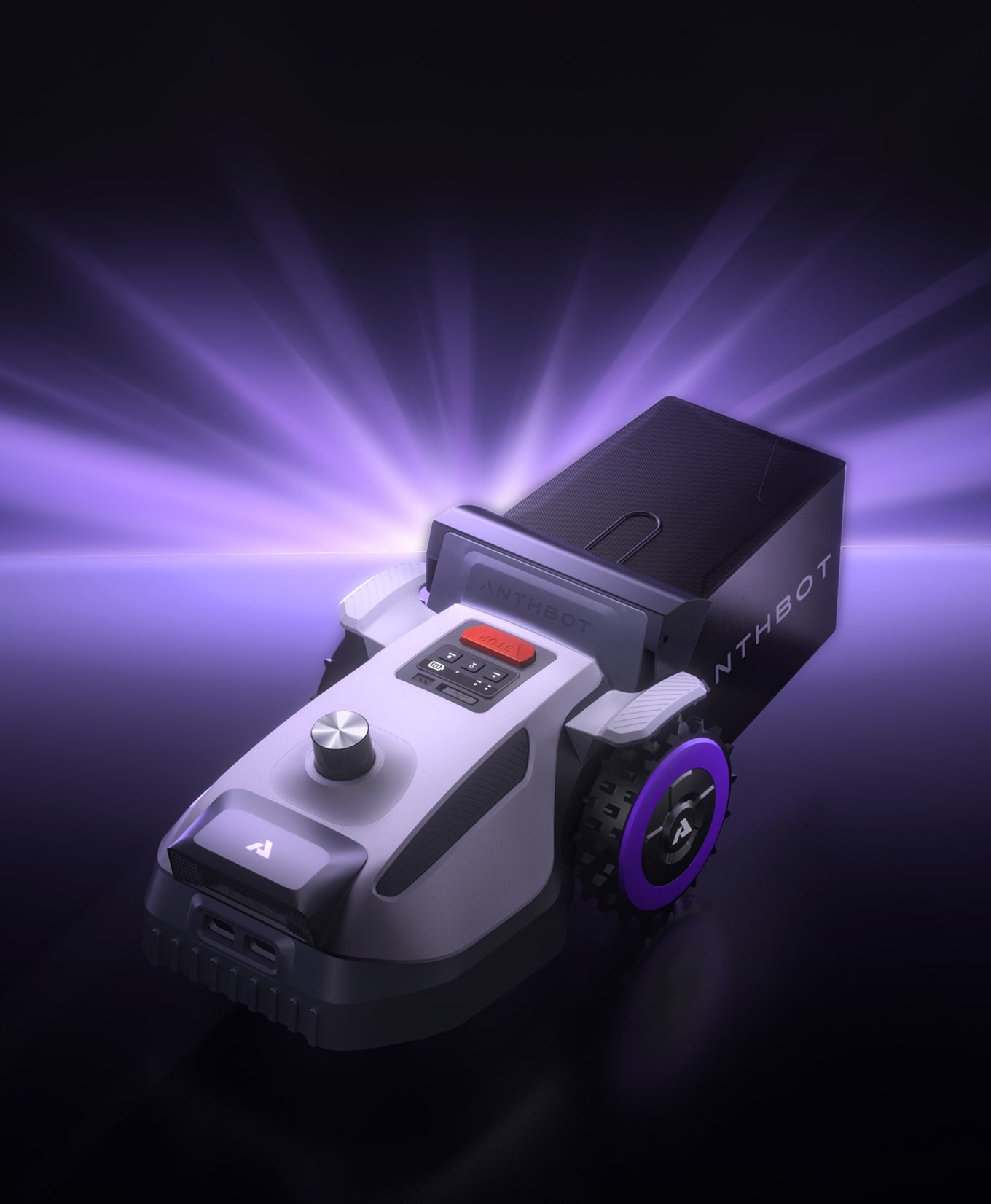 N8 LiDAR robotic lawn mower with a rear grass container, featuring a top LiDAR sensor in a purple spotlight scene.