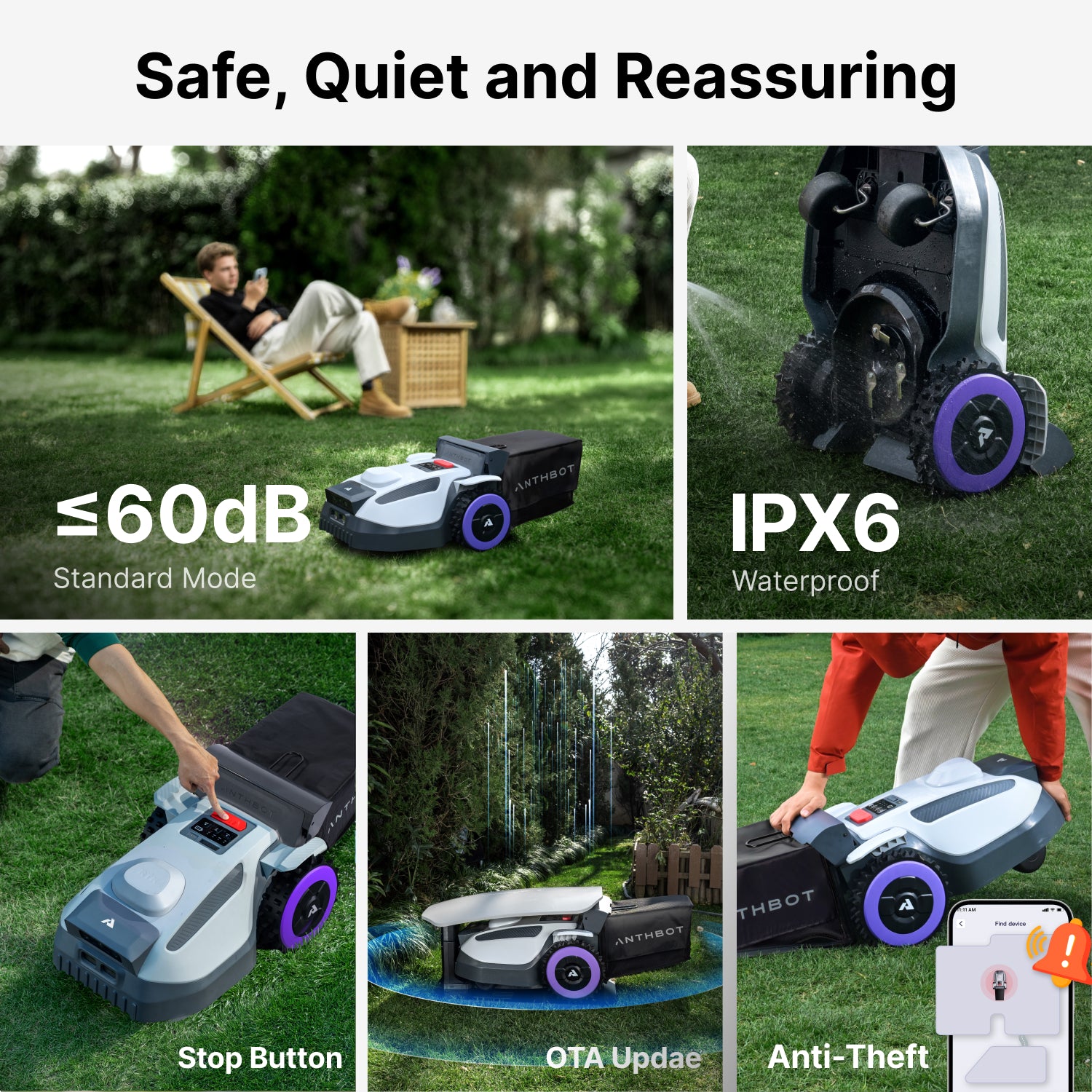 ANTHBOT N8 robot lawn mower highlighting quiet operation, waterproof design, OTA updates, and anti-theft features,scene