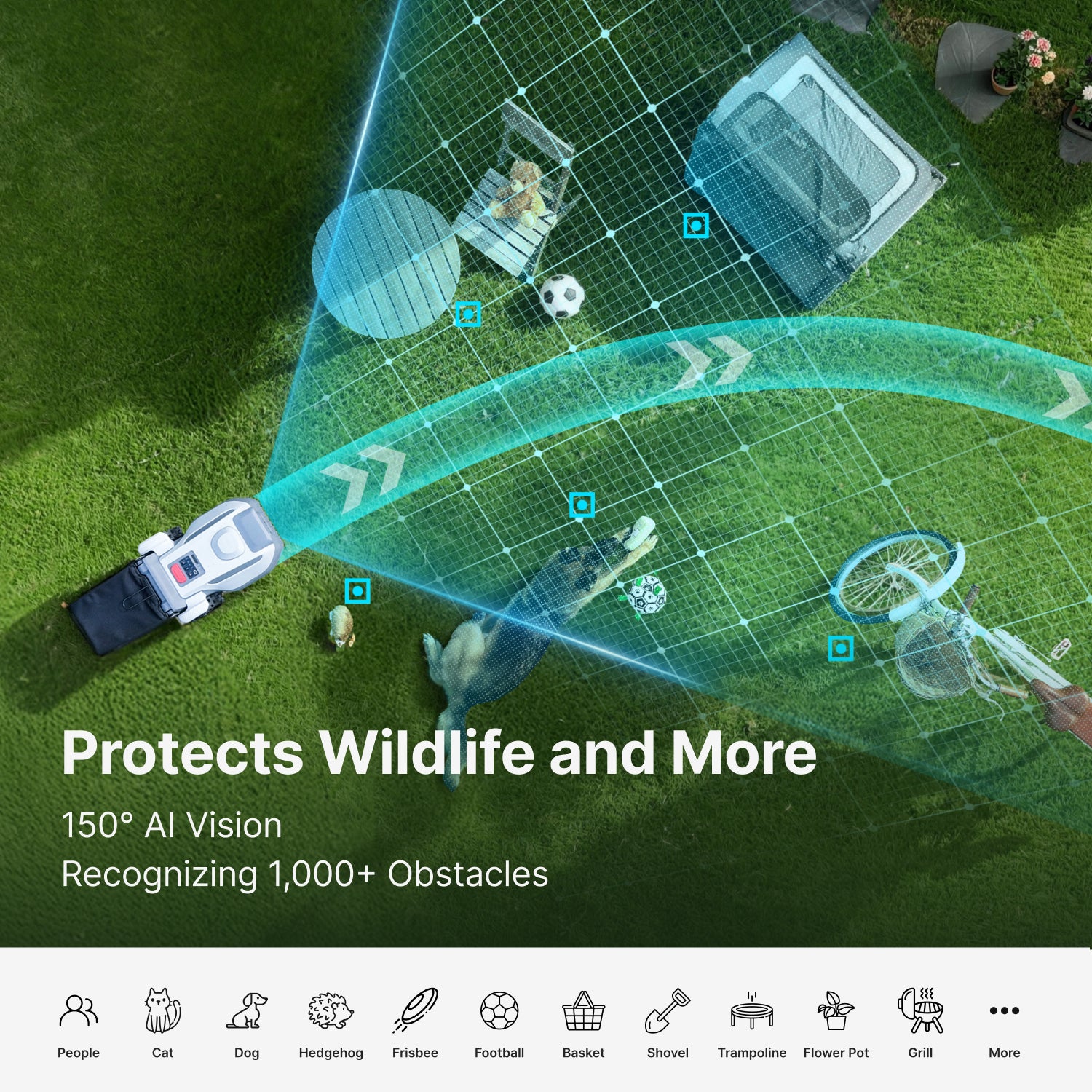ANTHBOT N8 robot lawn mower using AI vision to detect obstacles and protect wildlife on the lawn,scene