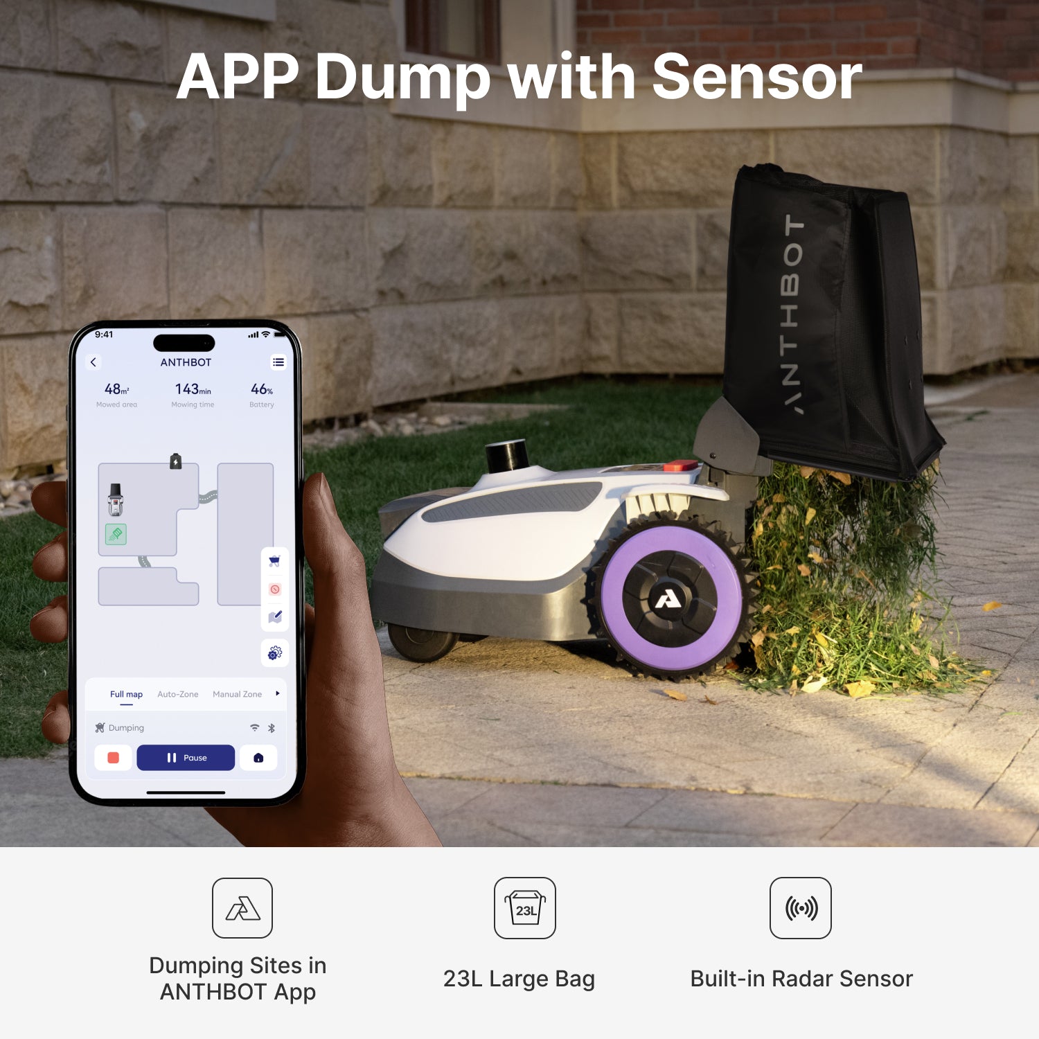 App-guided dumping scene with the ANTHBOT N8 LiDAR mower, 23L collection bag, and built-in radar support,scene