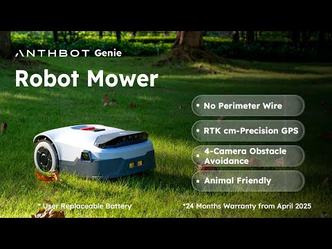 ANTHBOT Genie robot mower on a lawn with feature callouts for no perimeter wire, RTK precision GPS, 4-camera obstacle avoidance, and animal-friendly mowing,video