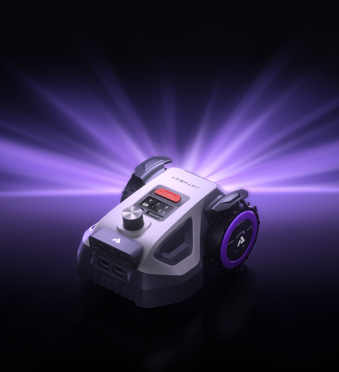 M5 LiDAR robotic lawn mower, shown with a top-mounted LiDAR knob and purple spotlight beams for a premium tech look.