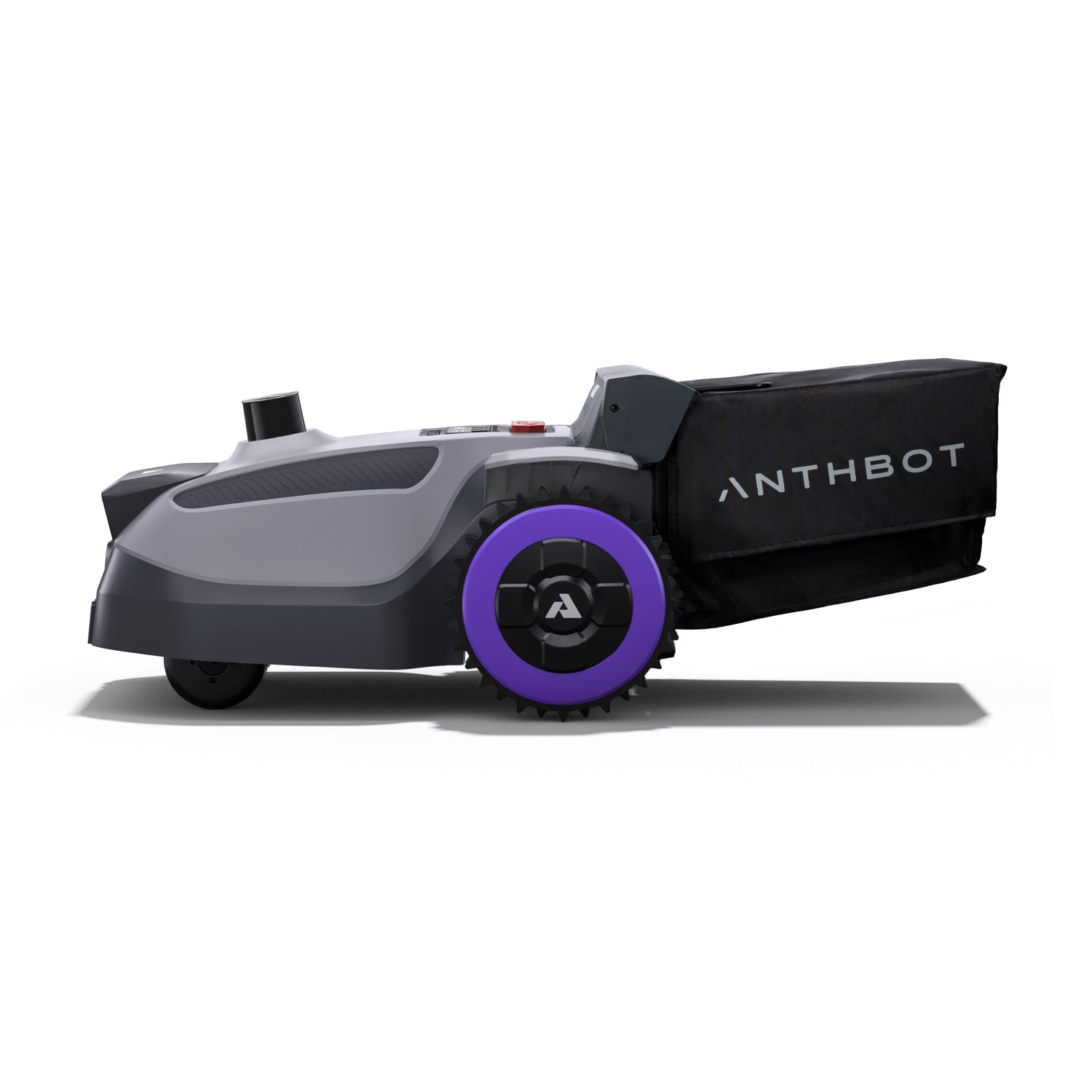 Profile view of the ANTHBOT N8 LiDAR robot mower with raised LiDAR sensor and rear collection bag,products