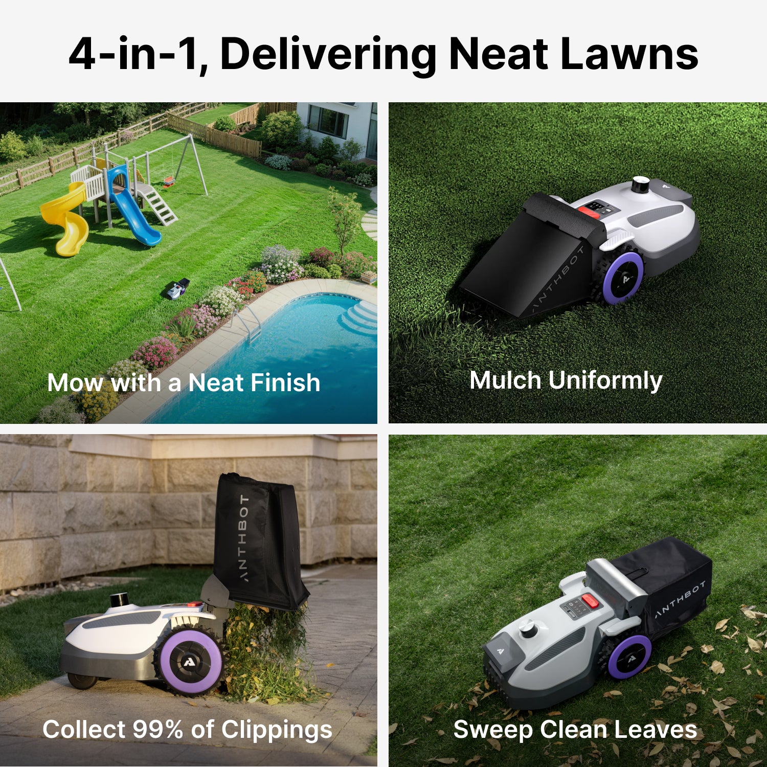 4-in-1 LiDAR lawn mower demonstrating mowing, mulching, grass collection, and leaf sweeping functions,scene