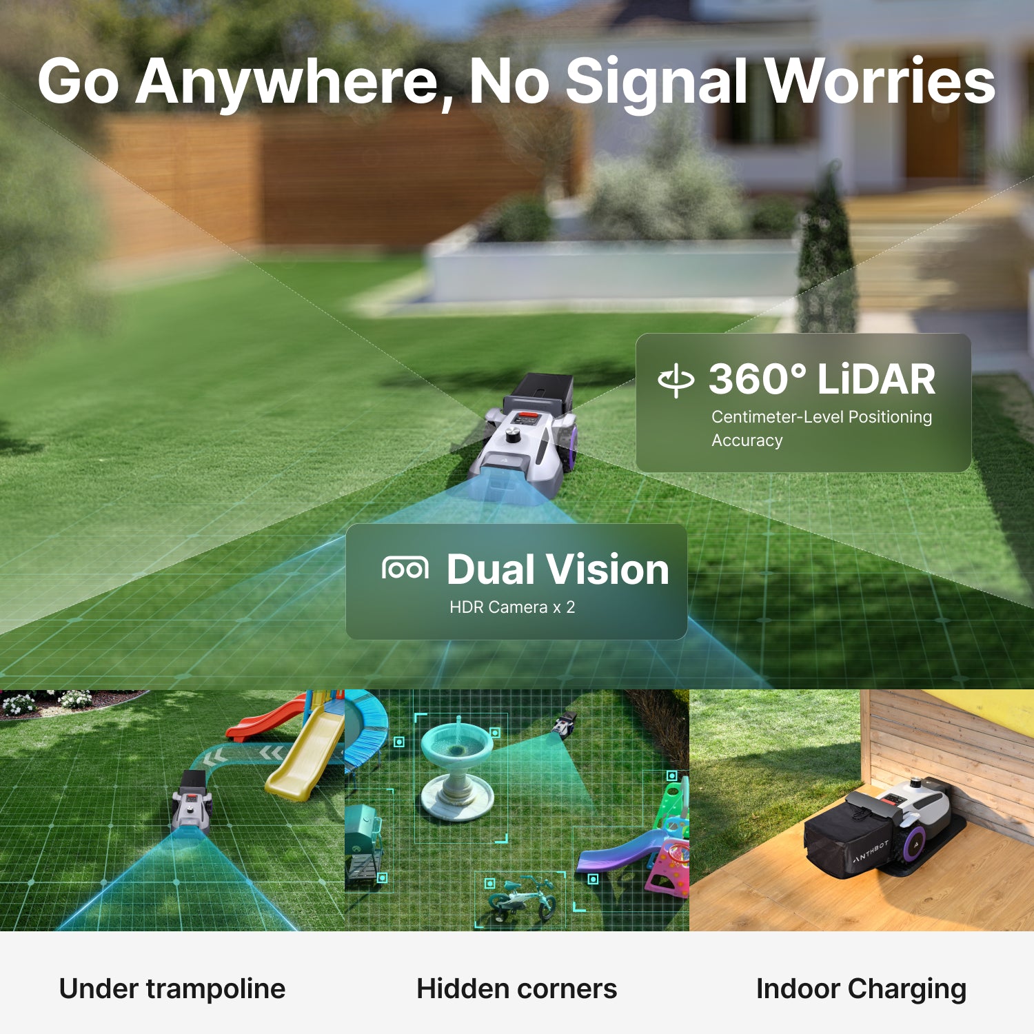 ANTHBOT N8 LiDAR robot mower using full-band RTK and dual vision for reliable navigation on open lawns,scene