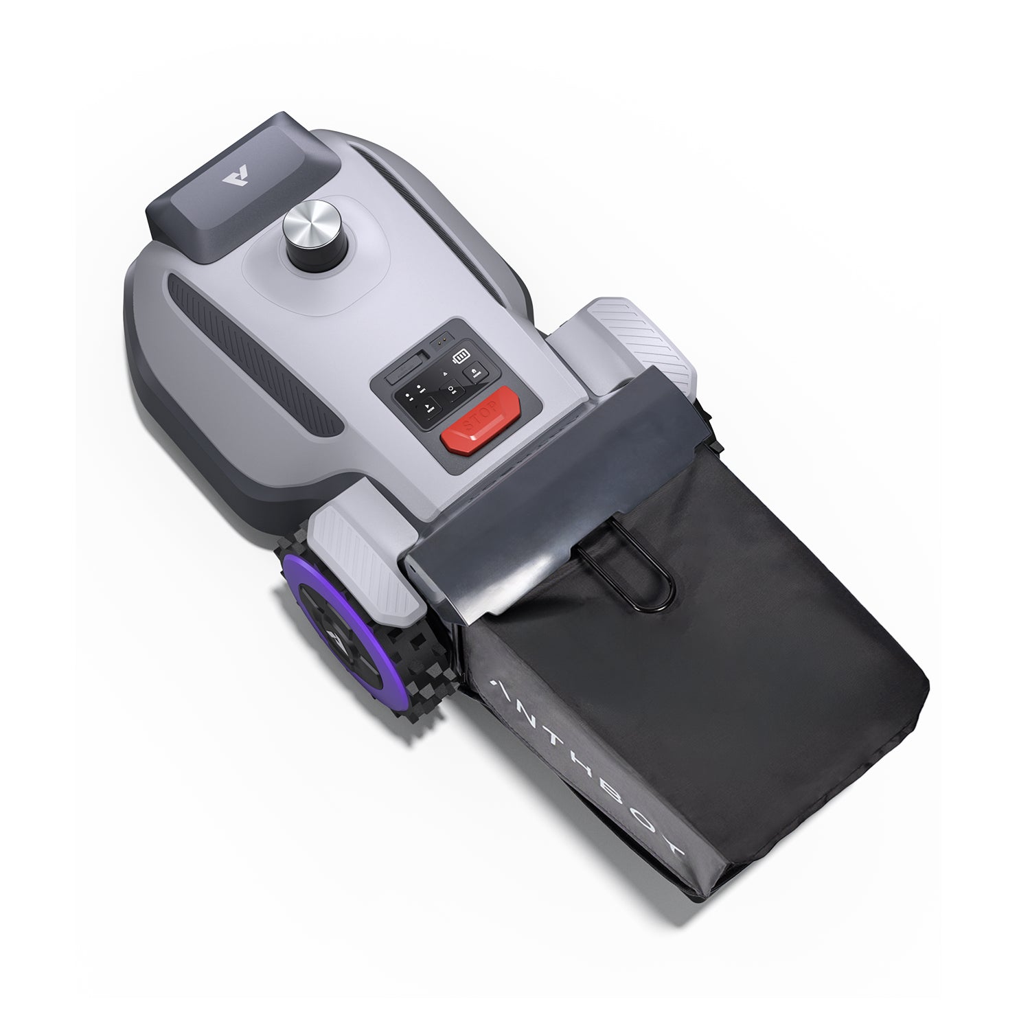 Angled overhead view of the LiDAR robot mower with smart sensor housing and clippings bag,products