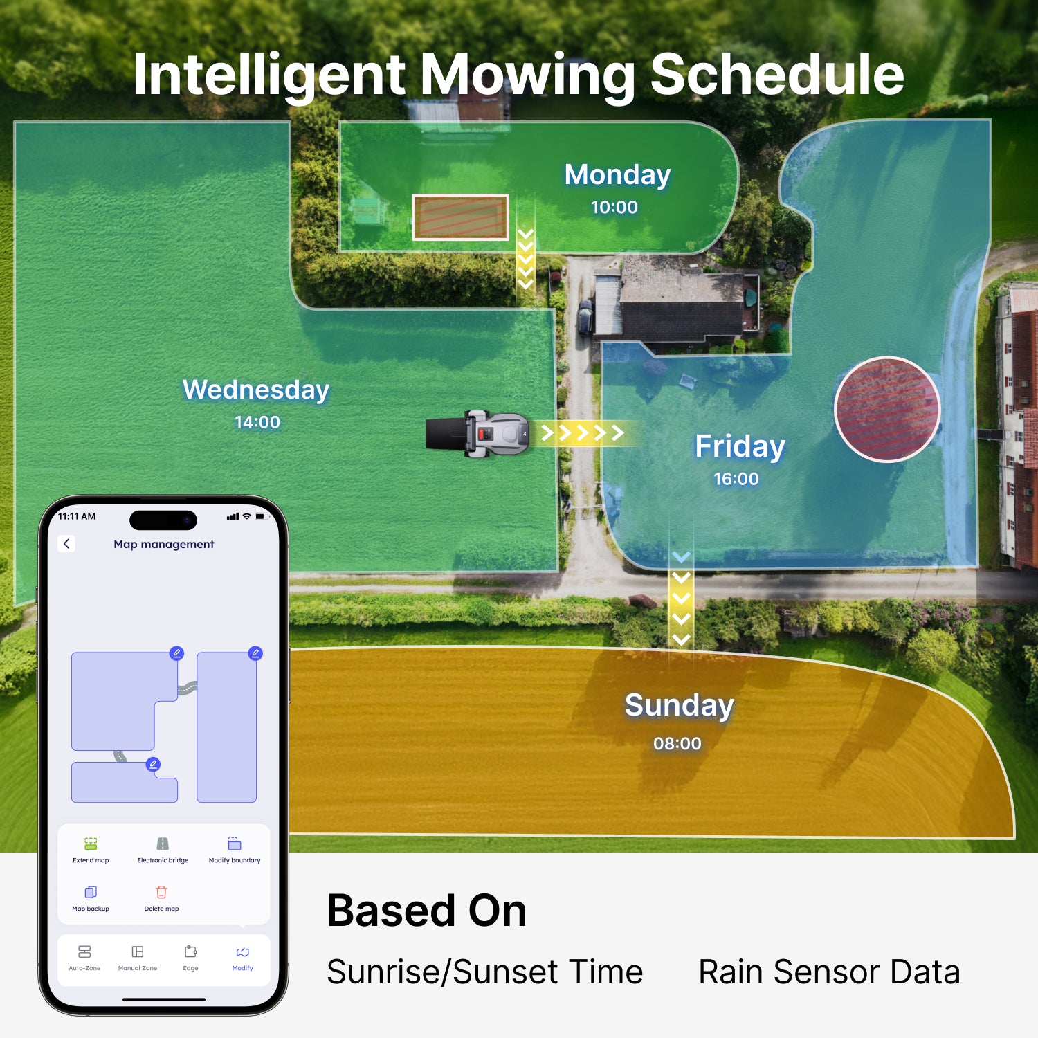 Smart mowing schedule interface for the ANTHBOT N8 robot lawn mower with multi-zone planning,scene